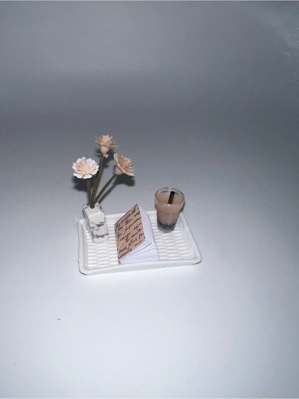 Miniature dollhouse tray with flowers and drink